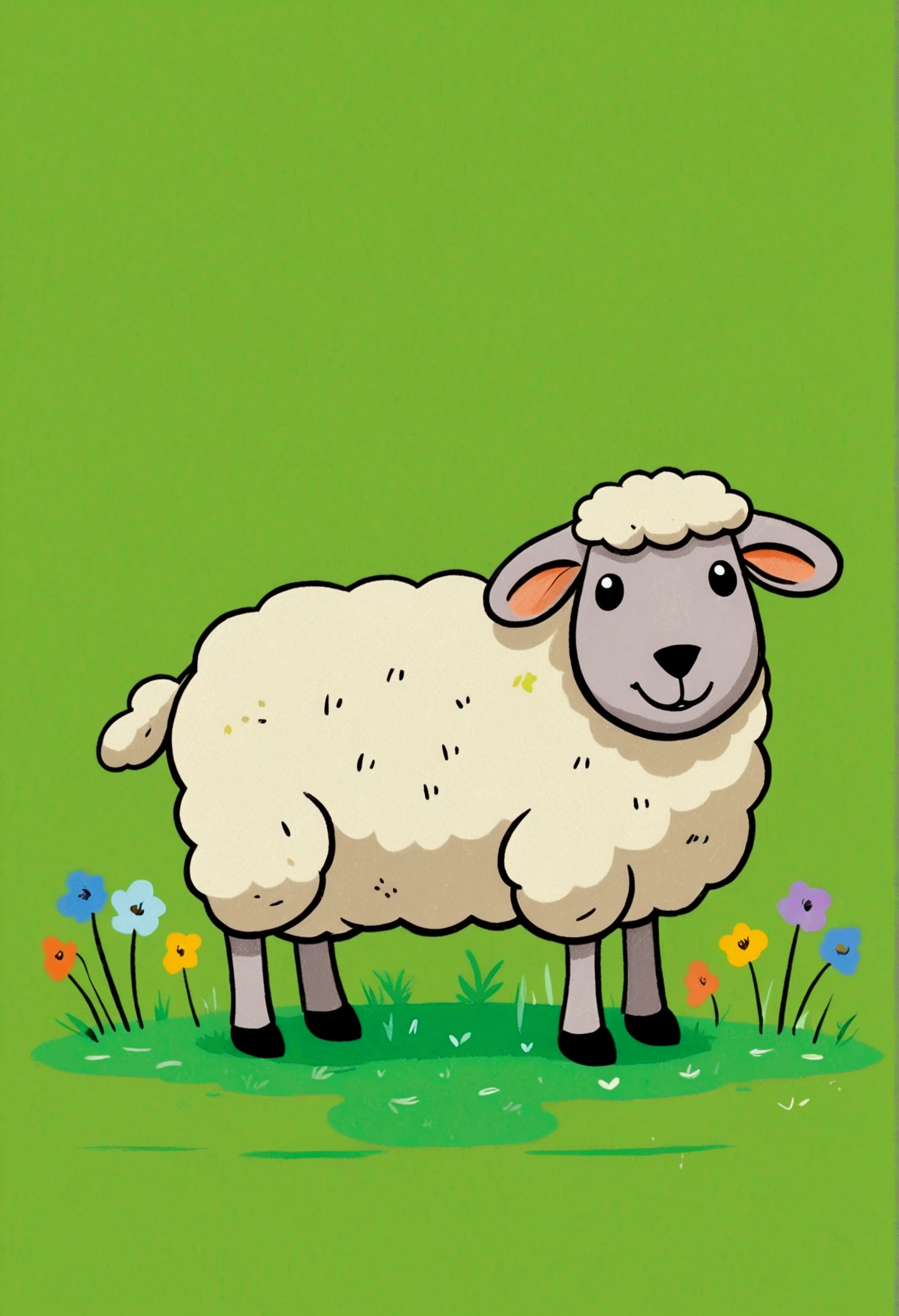 Flat Wind,Vector,Childish art cartoon,Oil pastel graffiti,A sheep on the grass,Minimalism,Lovely art style, rich and colorful! Digital illustration style, The art of math. rich and colorful comic, Hand drawn cartoon art style,Solid color background,Black Lines