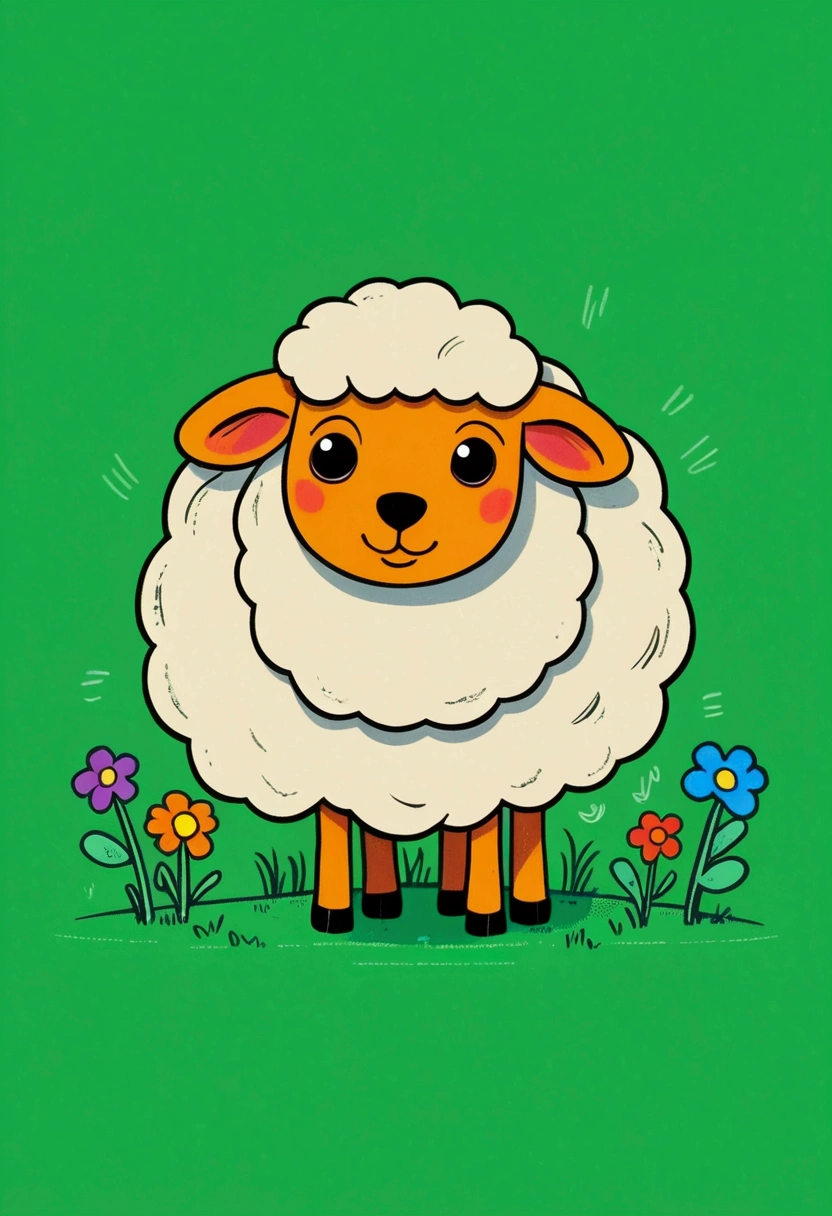 Flat Wind，Vector，Childish art cartoon，Oil pastel graffiti，A sheep on the grass，Minimalism，Lovely art style, rich and colorful! Digital illustration style, The art of math. rich and colorful comic, Hand drawn cartoon art style，Solid color background，Black Lines