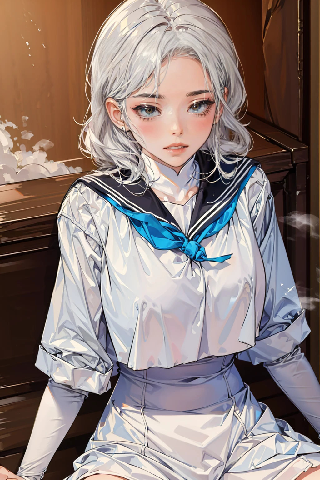 masterpiece, Highest quality, Ultra-high resolution,(throw:1.6), (From above:-0.0),(looking at the camera:1.6),(Face Focus:1.6),(Ideal body proportions:1.5),(Very beautifully detailed large eyes:1.5), (Embarrassing,blush:1.7),Beautiful detailed hair , Beautifully detailed face, Perfect feminine face, Silver Hair, (Dressed,Sailor suit:1.6),(Under the chest:1.7), (beautiful saggy breasts,Beautiful huge breasts:1.4), (Big cleavage:-0.0),(Open your mouth:1.6),art,truck,(Sexy pose:1.5),(I want you,Gentle Love:1.6),(Sitting,Spread your legs:1.6),(heavy breatheing,breathe,fog:1.7),(trembling:1.5),legs are very spread、椅子にSitting,光沢のあるSailor suit、The whole body is covered in oil and has a glossy look.,