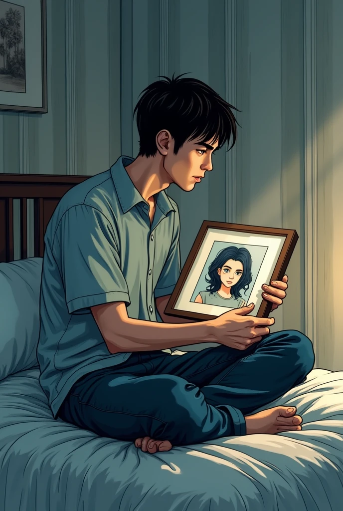 A man sitting in the side of the bed in his bedroom looking in a framed photo. Make it front view and the camera angle is a bit down and make it a manga style