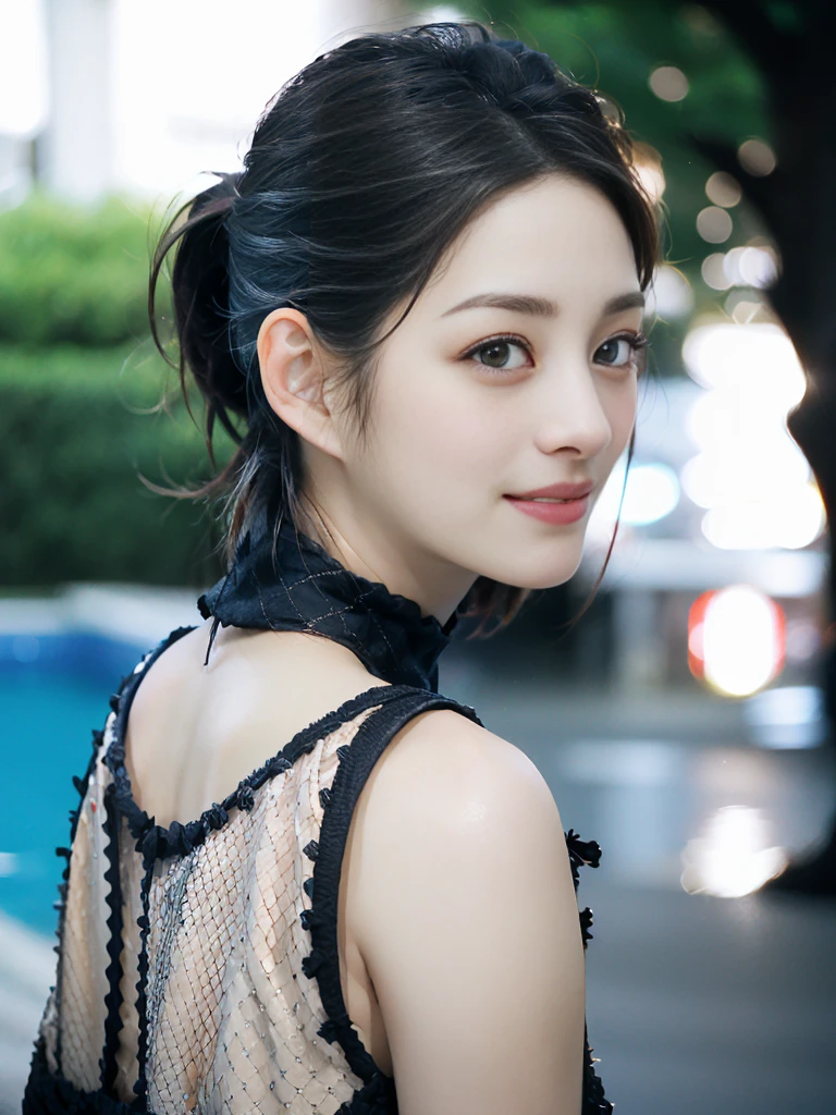 a Close-up portrait of gorgeous smiling cute Japanese woman in a glamorous Fishnet dress outfit, delicate facial features, porcelain-skinned, ponytail, a fusion of young Marion Cotillard's striking eyes and young Anne Hathaway's introspective gaze, long and slender cute face, curved eyebrows, droopy hooded eyes, lower nasal bridge, slim wavy nose, smiling, thin lips, short pixie cut hair, silhouette, bokeh, skylight atrium pool background, depth of field, photo, film,
