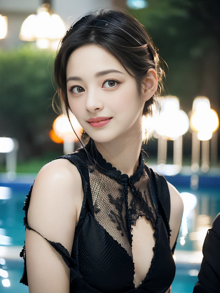 a Close-up portrait of gorgeous smiling cute Japanese woman in a glamorous Fishnet dress outfit, delicate facial features, porcelain-skinned, ponytail, a fusion of young Marion Cotillard's striking eyes and young Anne Hathaway's introspective gaze, long and slender cute face, curved eyebrows, droopy hooded eyes, lower nasal bridge, slim wavy nose, smiling, thin lips, short pixie cut hair, silhouette, bokeh, skylight atrium pool background, depth of field, photo, film,