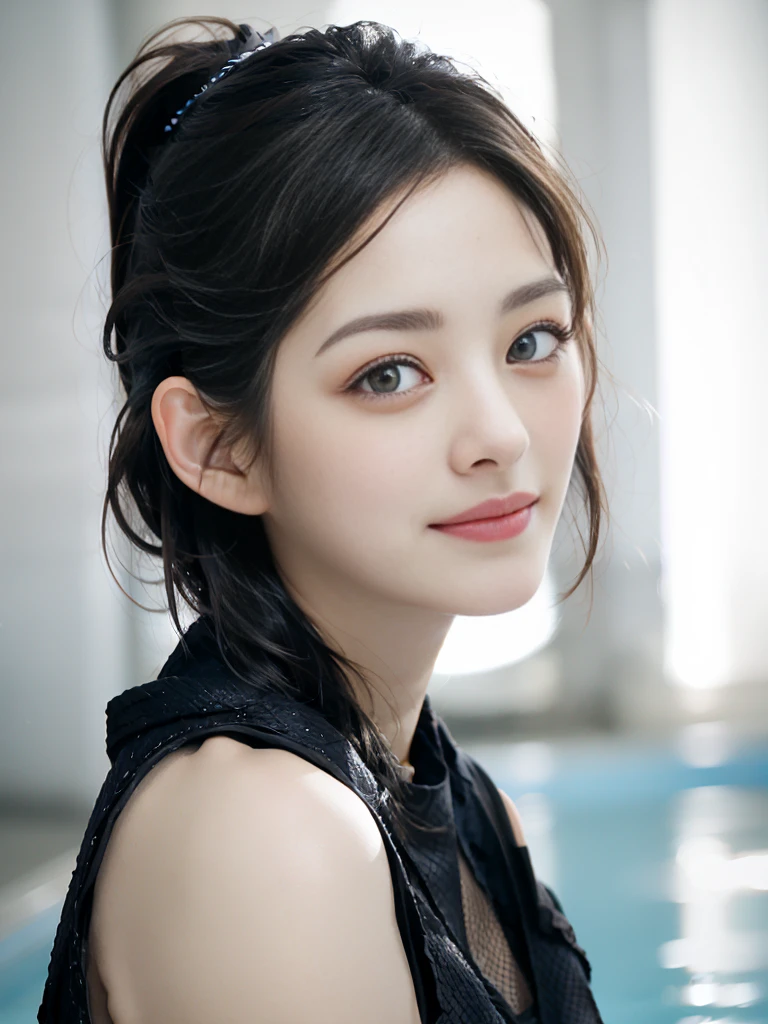 a Close-up portrait of gorgeous smiling cute Japanese woman in a glamorous Fishnet dress outfit, delicate facial features, porcelain-skinned, ponytail, a fusion of young Marion Cotillard's striking eyes and young Anne Hathaway's introspective gaze, long and slender cute face, curved eyebrows, droopy hooded eyes, lower nasal bridge, slim wavy nose, smiling, thin lips, short pixie cut hair, silhouette, bokeh, skylight atrium pool background, depth of field, photo, film,