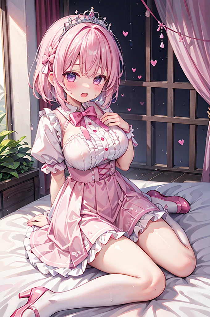 Highest quality、Shiny silk pink princess dress with lots of ribbons、Micro Mini Skirt、Large diamond accessories、Large two-tone double bow tie、White collar、White over-the-knee socks、Lace Stall、Pink high heels with ribbon、Flushed Cheeks、Embarrassed look、panic、Big Breasts、A large tiara with a pink ribbon、Short Hair、See-through、Heart symbol、No bra、Canopy bed、Open your mouth wide、Cry、Strong winds、Soaking wet