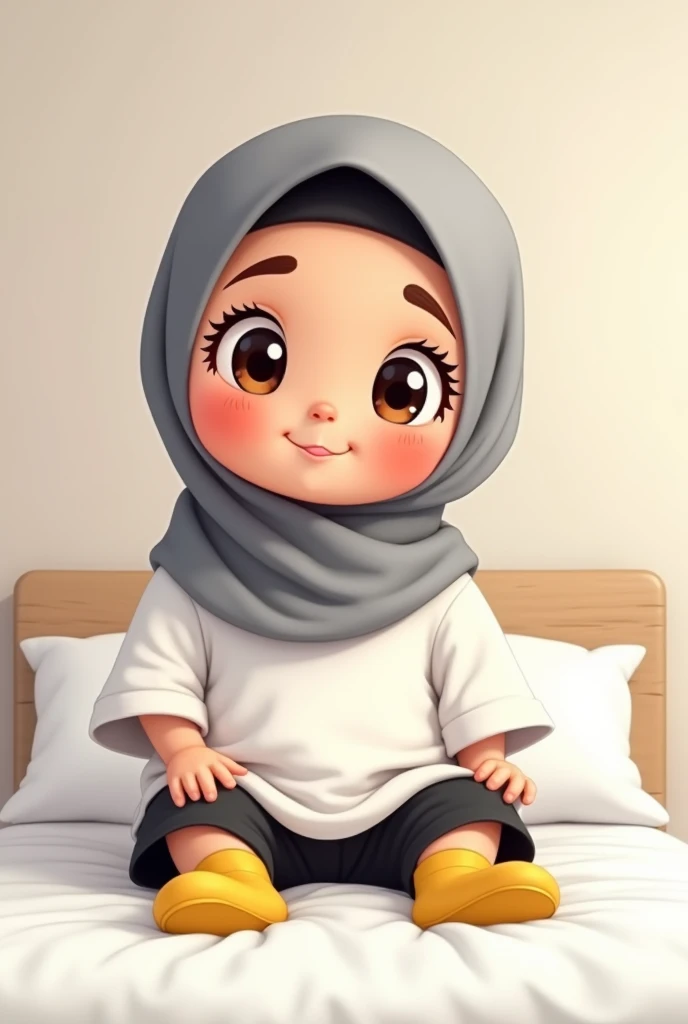 Cartoon with text:
Cute little cartoon girl, with grey hijab on, wearing oversized white t-shirt, black shorts, yellow socks, sitting on bed