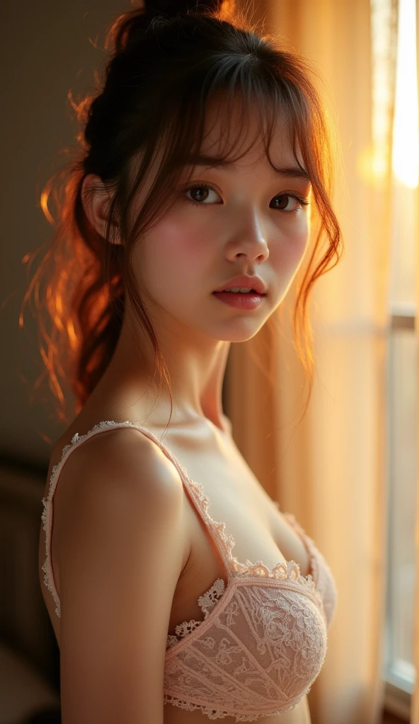 raw photo, 1young girl, kawaii, brown eyes, unique, individual, distinctive face, extremely detailed eye and face, fair skin, lace cute bra, beautiful breasts, upper body, (Best Quality, highly detailed:1.2) High-definition raw color photos, professional photograpy, Realistic portrait, sunset shining through the window, breathtaking beauty, from the side