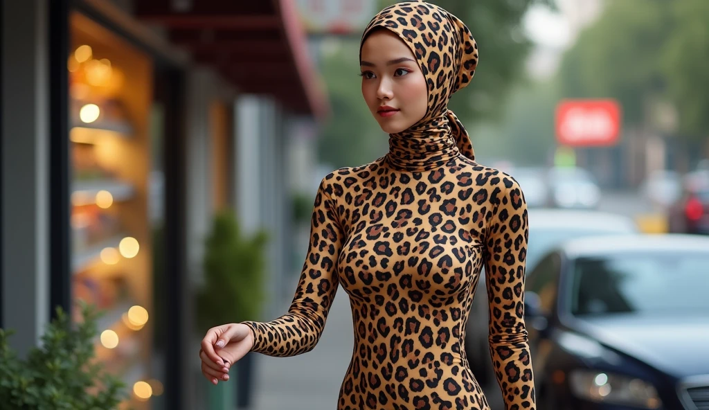 The most beautiful,thin,most pretty and clever Asian muslimah adult girl wears clouded leopard print lycra turtleneck unitard catsuit covered with spots.She always wear clouded leopard print lycra dancewear stretchy square hijab covered with many spots.She goes to the supermarket to buy meat by car.