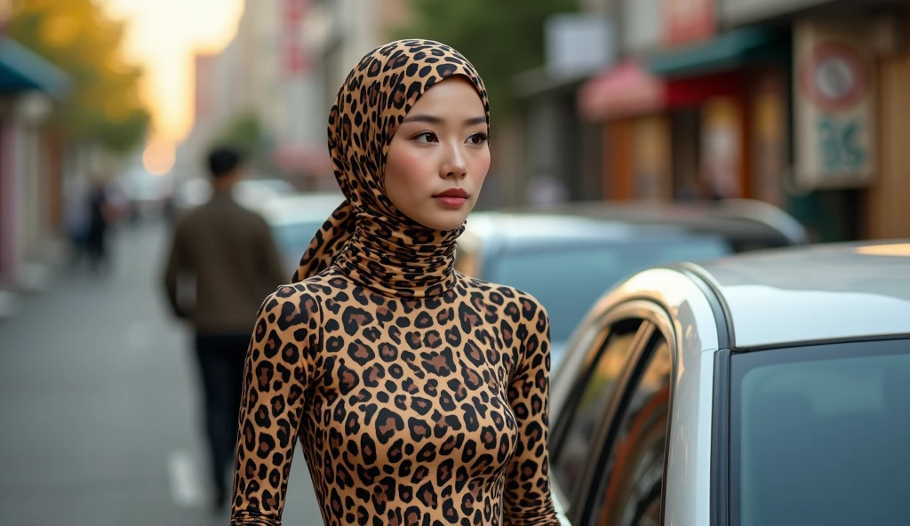 The most beautiful,thin,most pretty and clever Asian muslimah adult girl wears clouded leopard print lycra turtleneck unitard catsuit covered with spots.She always wear clouded leopard print lycra dancewear stretchy square hijab covered with many spots.She goes to the supermarket to buy meat by car.