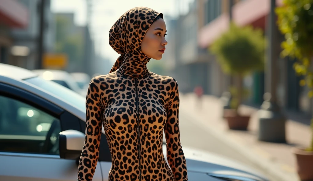 The most beautiful,thin,most pretty and clever Asian muslimah adult girl wears clouded leopard print lycra turtleneck unitard catsuit covered with spots.She always wear clouded leopard print lycra dancewear stretchy square hijab covered with many spots.She goes to the supermarket to buy meat by car.