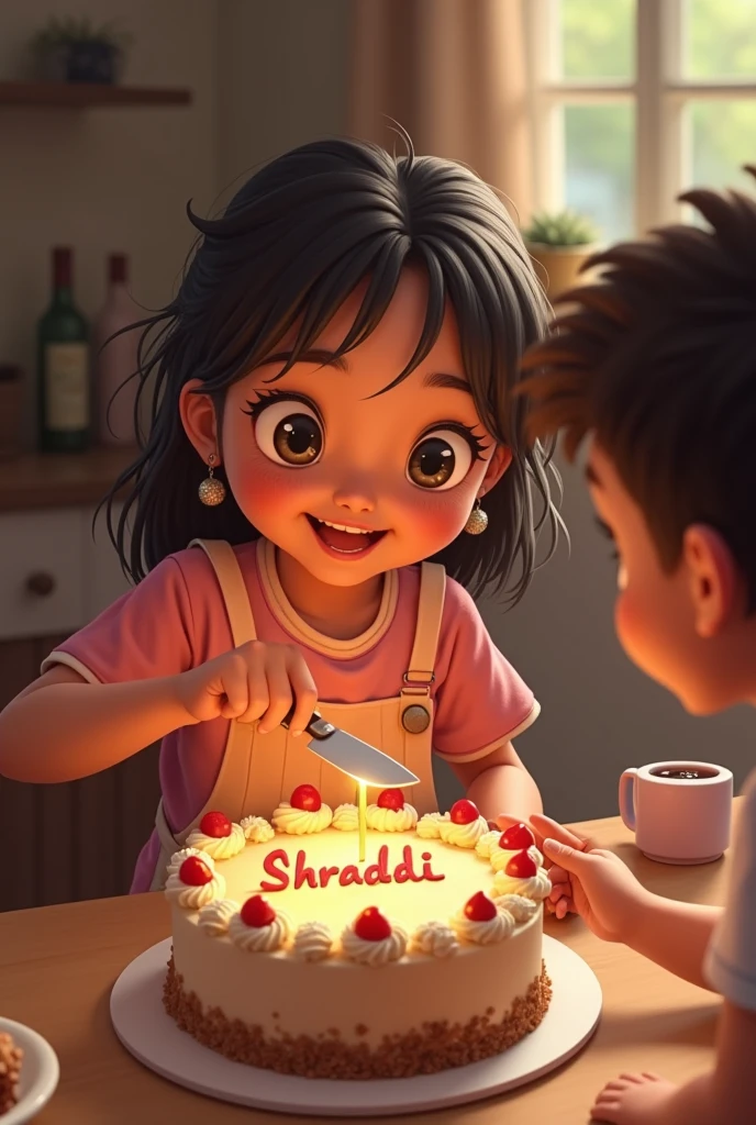 A girl cutting the cake
Name on cake Shraddii
Eating a piece of cake given by a boy
Girl eating cake