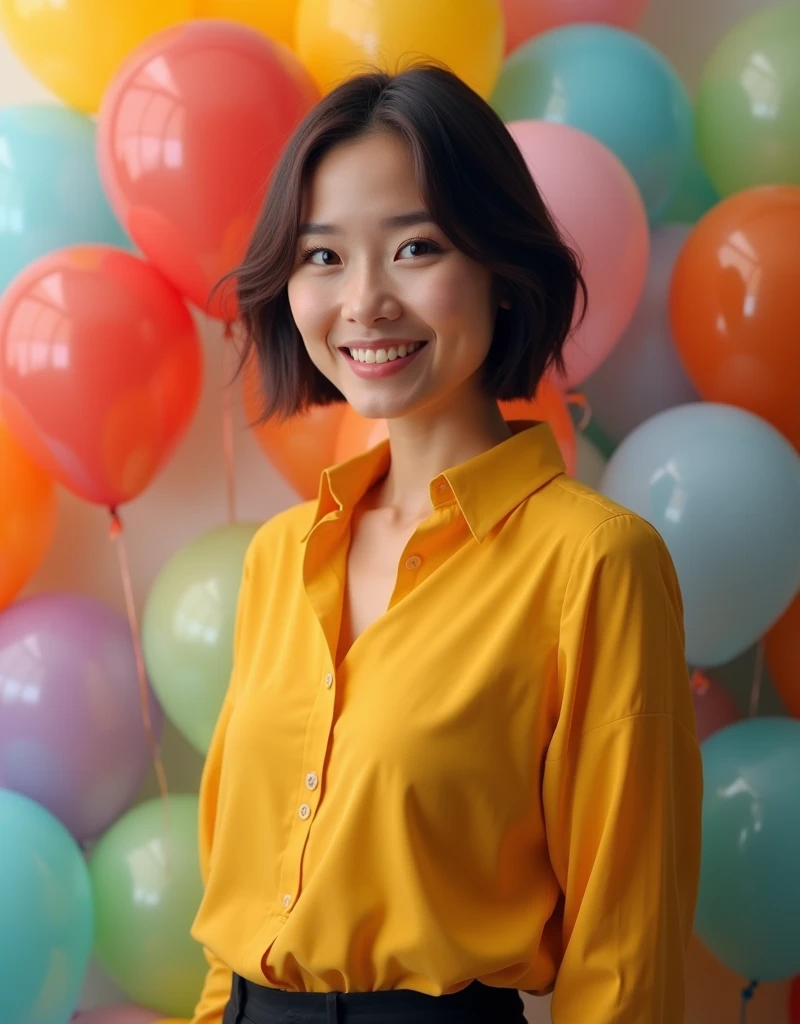 Realistic, beautiful senior 55 years woman short bob dark brown hair, thin smile, wearing yellow shirt and black pants, balloons on the background, birthday party atmosphere 