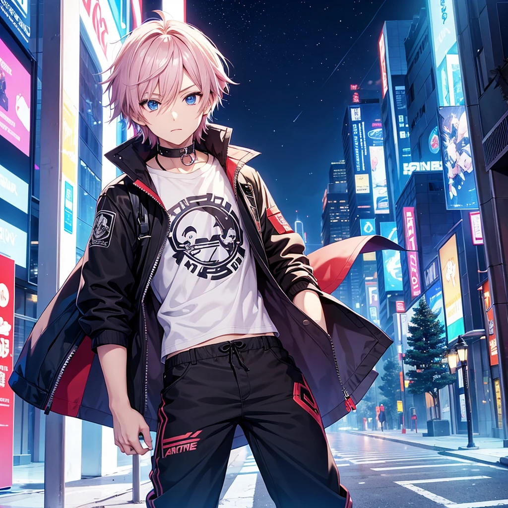 anime boy is wearing aesthetic outfit with a text "chronus" on his clothes, in citylights background