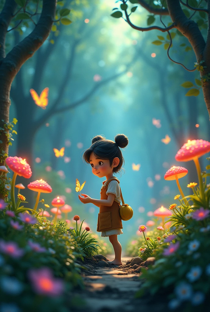 A  tending to a magical garden, filled with fantastical creatures and glowing flowers. I am animated characters 