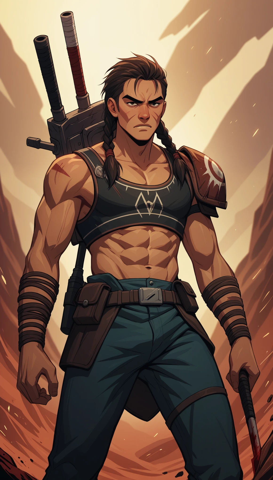 score_9, score_8_up, score_7_up, score_6_up, score_5_up, score_4_up, BREAK source_anime, [source_anthro], rating_safe, [rating_explicit],
A badass Native American young man wielding two tomahawks in a futuristic assassin gear, standing against an intense action-filled background with a touch of blood and showcasing his skills as a ruthless butcher assassin and scout. He also has a shaved sides of his head and a long braid. Best quality, (methurlant), comic, y2k animation