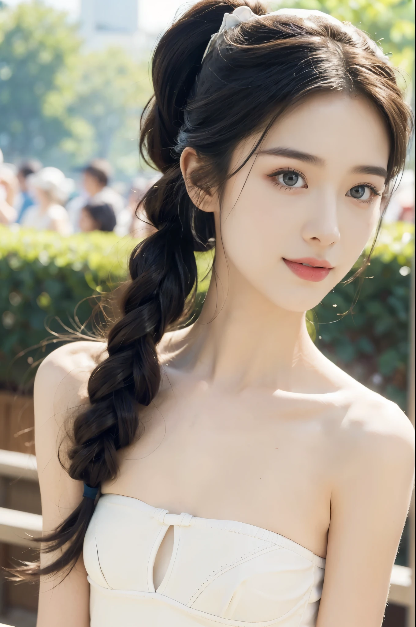 (((best quality))),(((ultra detailed))),(((masterpiece))),illustration,((1 beautiful girl,solo)),(white baseball cap:1.3),(short ponytail:1.2),((slim,thin,graceful)),((small breasts,flat chest)),(summer afternoon:1.3),(at the schoolgate:1.3),bustling,(strapless torn white bra:1.3),(bright sunlight:1.2),radiant,breezy,casual style,youthful vitality,delicate features,young people,students,chatting,laughing,vibrant energy,serene tranquility,vibrant rays of sun,captivating atmosphere,(surrounded by crowded crowds:1.3),((from front,close-up of face))