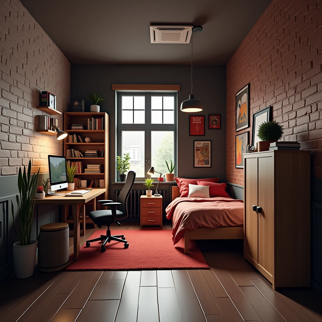 Small modern schoolboy room. Decorative wall in white 19th century brick. Decorative wall of rustic board , single bed, homework desk, two-door wardrobe, bookcase, office chair, computer, monitor, school supplies.
Style: modern, photo-realism, minimalism.
Colour scheme: dark red
Atmosphere: light with elements of dark red and brown
Lighting: artificial light from a pendant lamp
