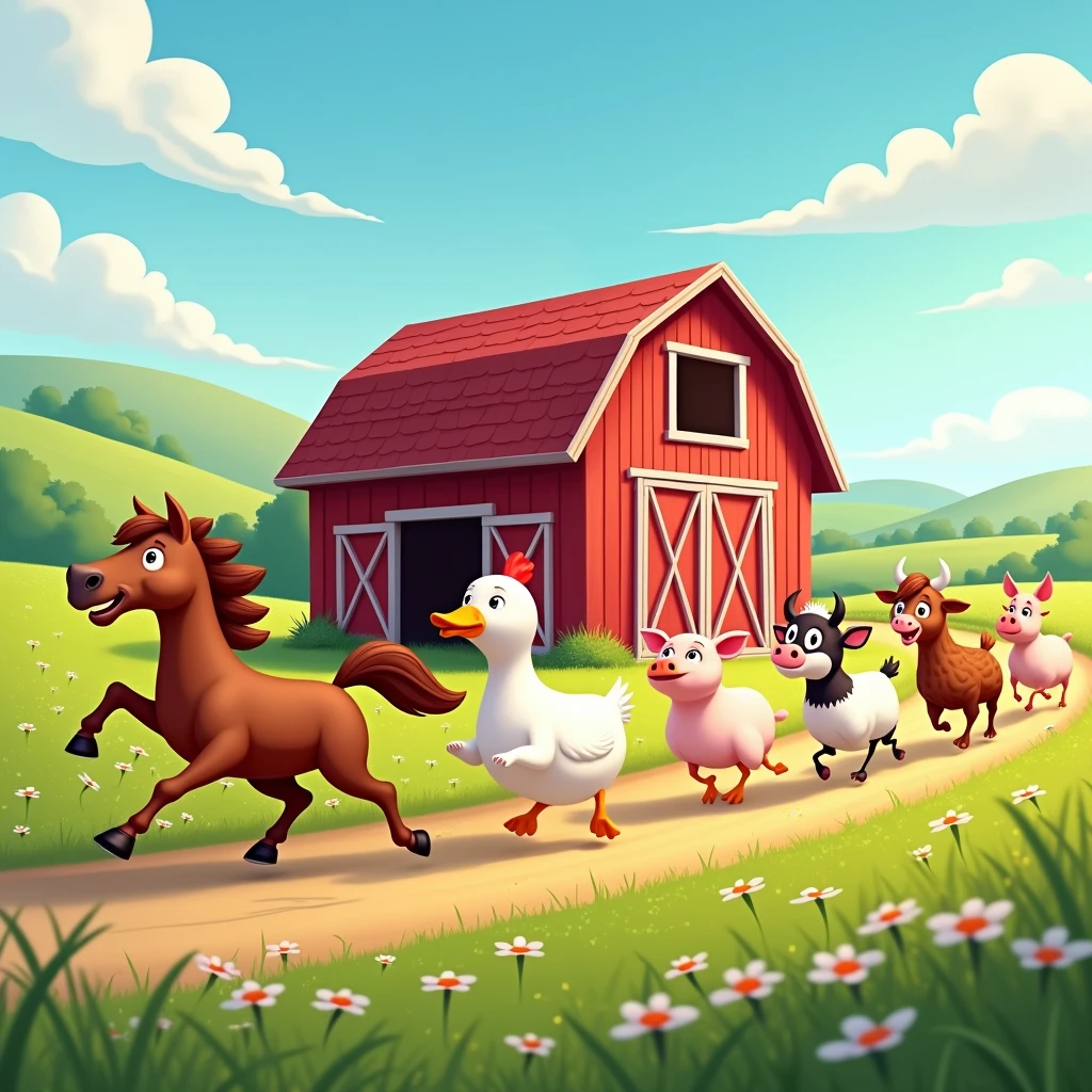 sunny day, horse running side by side with chicken, duck, sheep, pig and cow to the big red barn