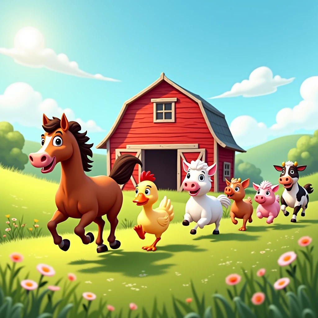 sunny day, horse running side by side with chicken, duck, sheep, pig and cow to the big red barn