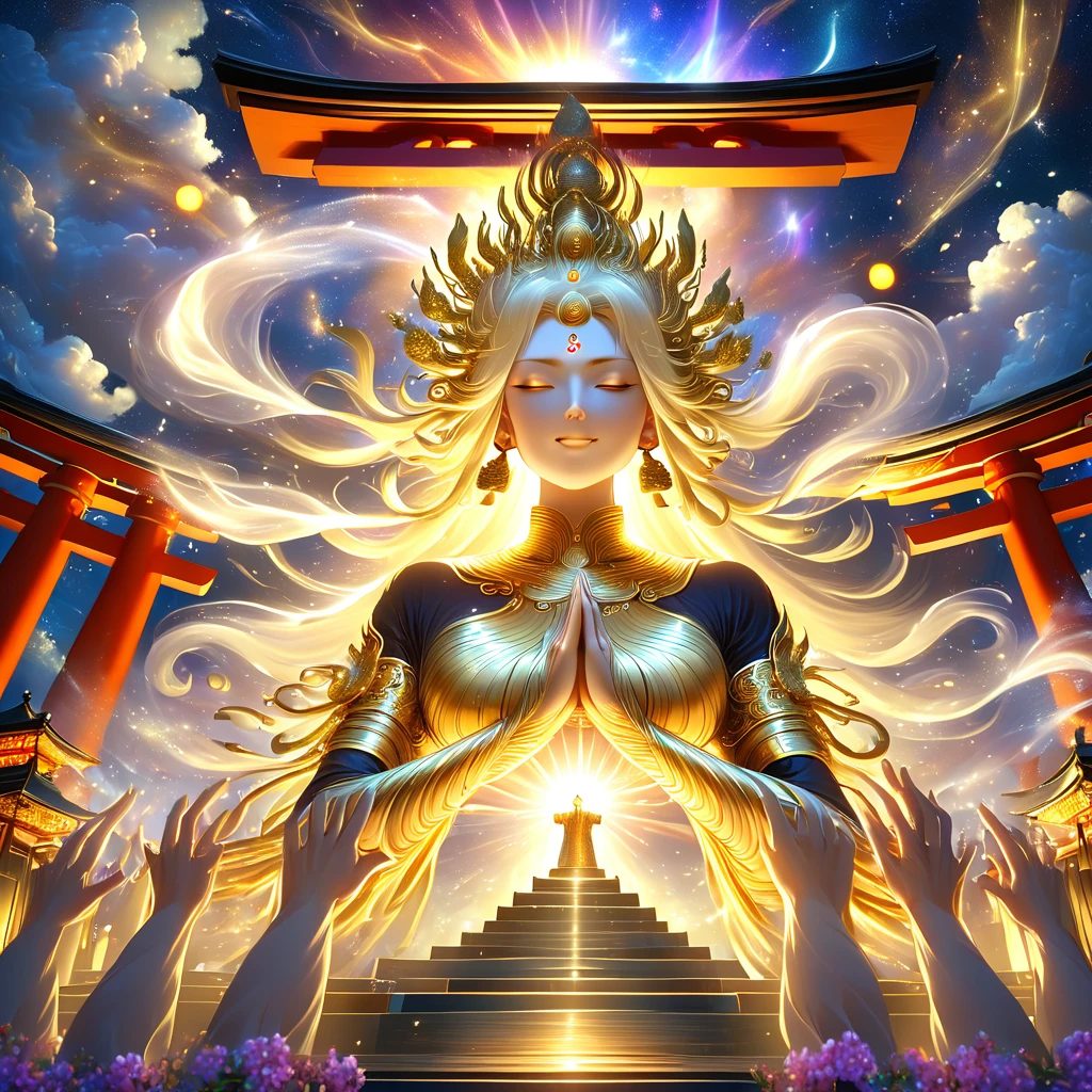 A majestic Golden Senju Kannon Bodhisattva, the Buddhist deity with a thousand arms, descending gracefully from the heavenly realms to an earthly shrine. The deity's form is illuminated by a divine light as it moves through the clouds, with each golden arm and hand exquisitely detailed and shimmering. The cinematic lighting creates dramatic shadows, highlighting the deity's mystical and powerful presence. Below, a crowd of devotees is gathered, kneeling and offering prayers in reverence, their faces filled with awe and devotion. The scene captures the moment of divine descent, with ethereal light beams and celestial elements enhancing the sacred atmosphere. The environment is a traditional shrine, with temple elements like lanterns, torii gates, and a gentle mist, contributing to the overall sense of spiritual power and reverence.