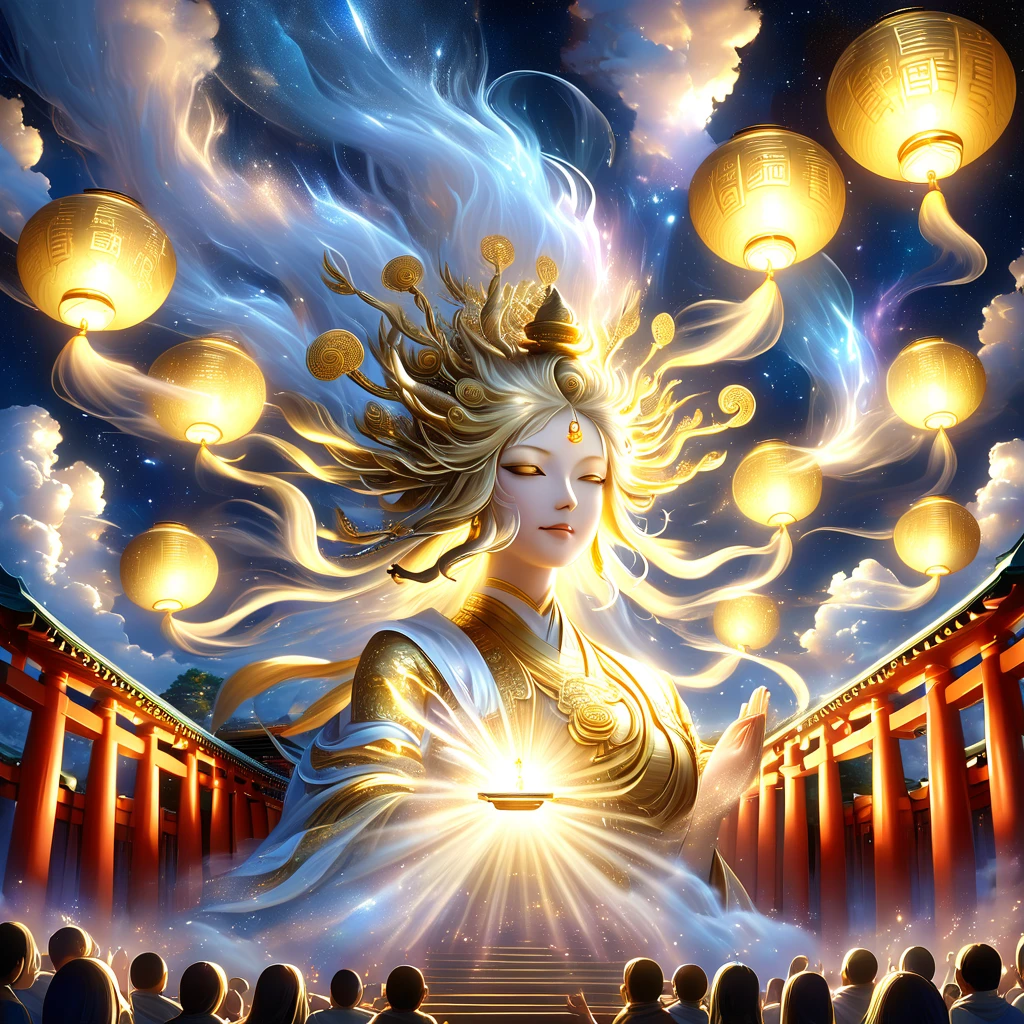 A majestic Golden Senju Kannon Bodhisattva, the Buddhist deity with a thousand arms, descending gracefully from the heavenly realms to an earthly shrine. The deity's form is illuminated by a divine light as it moves through the clouds, with each golden arm and hand exquisitely detailed and shimmering. The cinematic lighting creates dramatic shadows, highlighting the deity's mystical and powerful presence. Below, a crowd of devotees is gathered, kneeling and offering prayers in reverence, their faces filled with awe and devotion. The scene captures the moment of divine descent, with ethereal light beams and celestial elements enhancing the sacred atmosphere. The environment is a traditional shrine, with temple elements like lanterns, torii gates, and a gentle mist, contributing to the overall sense of spiritual power and reverence.