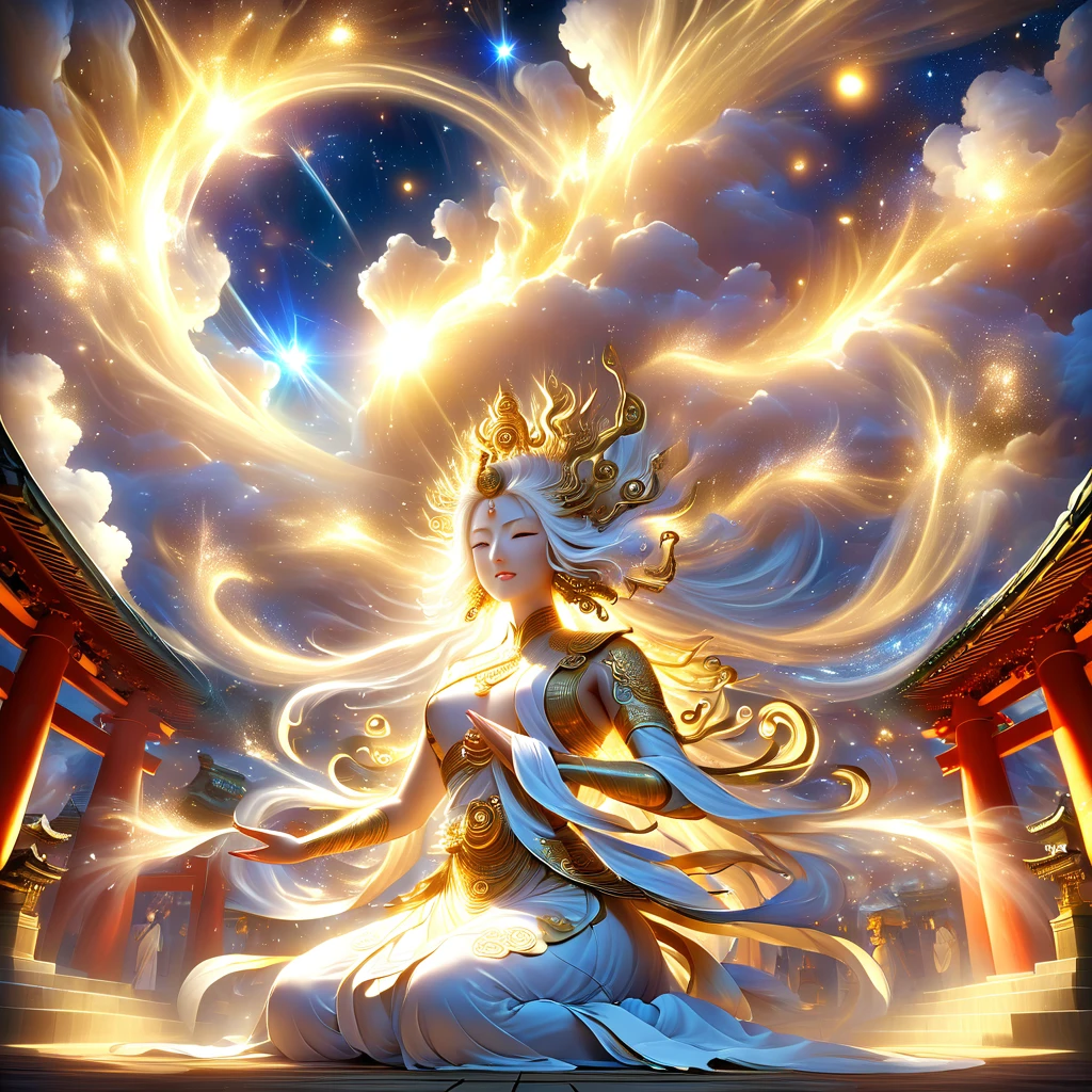 A majestic Golden Senju Kannon Bodhisattva, the Buddhist deity with a thousand arms, descending gracefully from the heavenly realms to an earthly shrine. The deity's form is illuminated by a divine light as it moves through the clouds, with each golden arm and hand exquisitely detailed and shimmering. The cinematic lighting creates dramatic shadows, highlighting the deity's mystical and powerful presence. Below, a crowd of devotees is gathered, kneeling and offering prayers in reverence, their faces filled with awe and devotion. The scene captures the moment of divine descent, with ethereal light beams and celestial elements enhancing the sacred atmosphere. The environment is a traditional shrine, with temple elements like lanterns, torii gates, and a gentle mist, contributing to the overall sense of spiritual power and reverence.