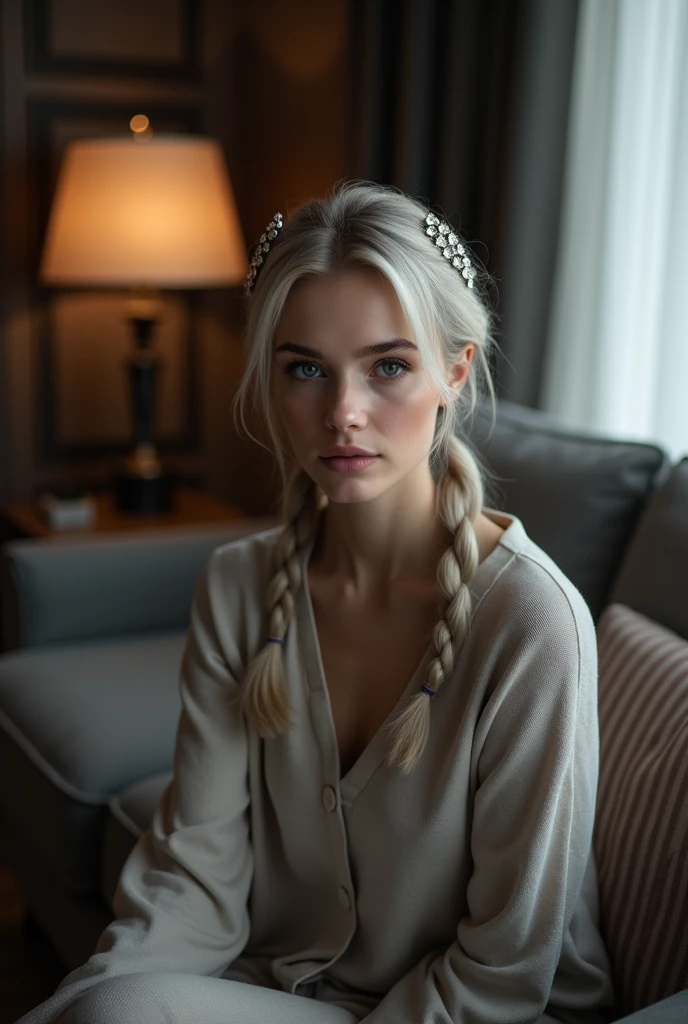 Russian girl sits elegantly on a modern soft chair, looks straight, Sits up straight, Against the backdrop of a dark, cozy living room, light gray long hair, good illumination of the face, realistically, photo, hair pulled back into two ponytails with sparkling hairpins, decorations