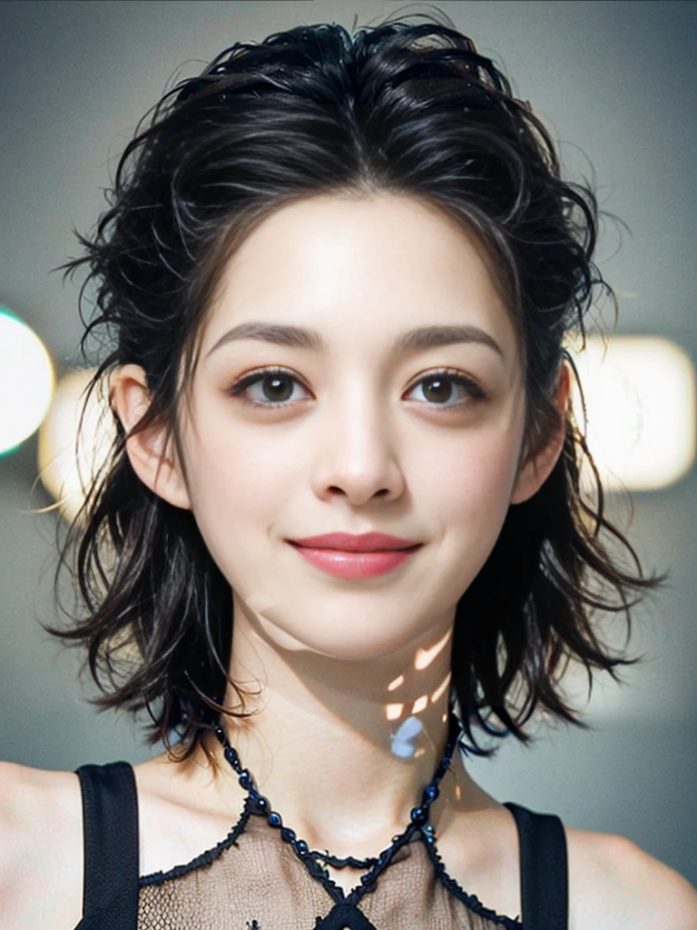 a Close-up portrait of gorgeous smiling cute Japanese woman in a glamorous Fishnet dress outfit, delicate facial features, porcelain-skinned, ponytail, a fusion of young Marion Cotillard's striking eyes and young Anne Hathaway's introspective gaze, long and slender cute face, curved eyebrows, droopy hooded eyes, lower nasal bridge, slim wavy nose, smiling, thin lips, short pixie cut hair, silhouette, bokeh, skylight atrium pool background, depth of field, photo, film,
