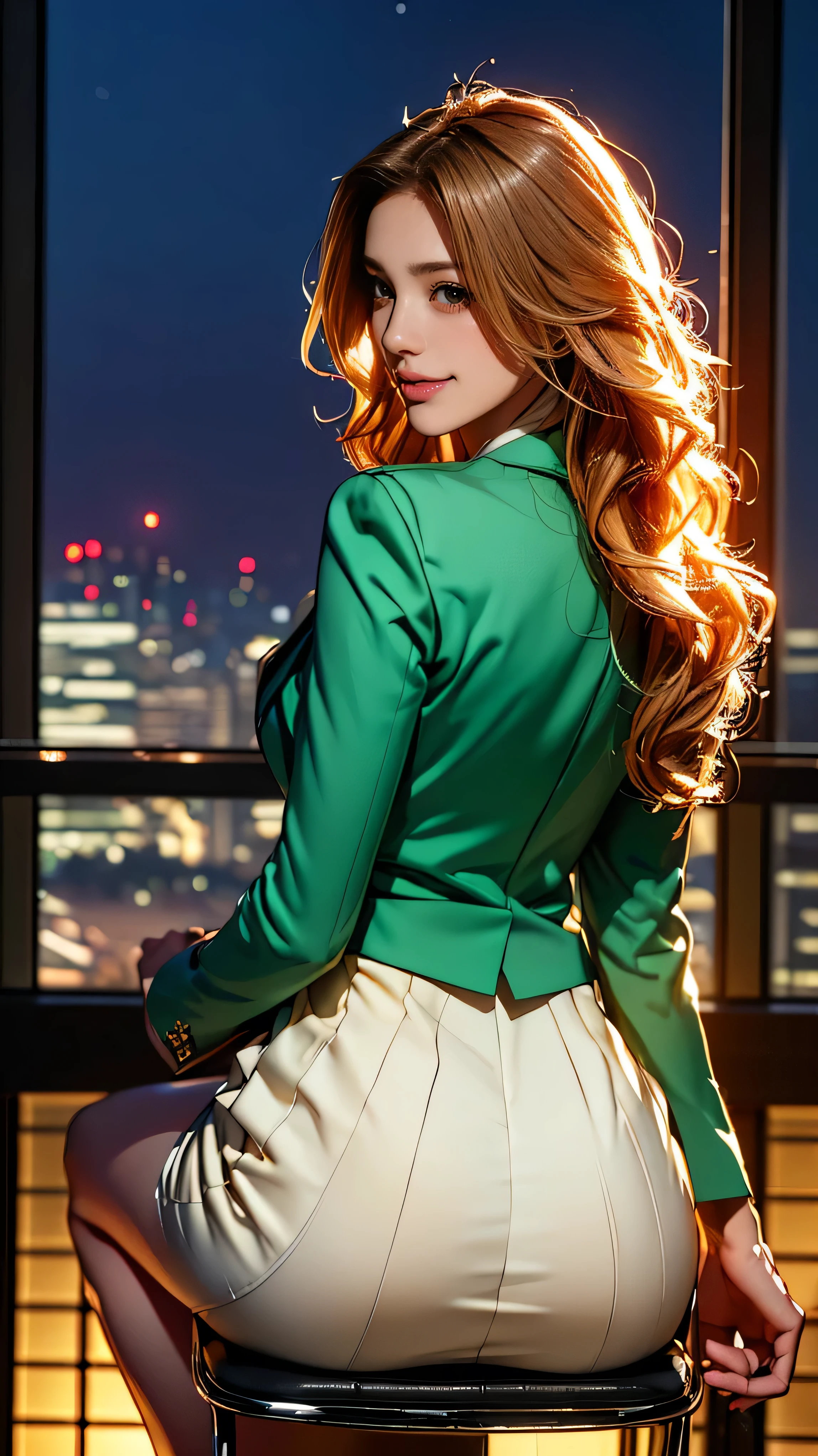 (Very detailed, Realistic, Highest quality, 4K, 8k, High resolution, masterpiece:1.3), An attractive flight attendant with a graceful and elegant figure. Erin Anderson is tall and slender, long, Long, wavy, golden blonde hair styled in loose curls. Long hair that reaches down to the buttocks.She has attractive, friendly, bright green eyes.. She wears a provocative silk uniform, White vertical ruffle silk blouse、Pair it with a blazer jacket, Short flared skirt, Black high heels, Silk scarf, Her attitude is friendly and approachable, With a radiant smile that enhances her warm presence. The background is smooth, A modern private jet parked on the runway, Emphasise your role as an elite flight attendant. This scene captures her polished and professional appearance., highlighting her elegance and the luxurious environment in which she works, (Intricate details, Very finely crafted needles, Very finely crafted fingers, Full-body showcase, Show whole body).(Long hair that reaches down to the buttocks:1.5)((とてもlong髪))(((Sits on a bar chair by the counter in a seductive pose in a stylish bar at night:1.1))),((Place your left hand gently on your chin,right hand holding chest:1.3)),((sitting on a chair, night view terrace background:1.3)),((Smile、Embarrassed smile))、((Skyscrapers look hazy outside the window:1.4)), ((looks from behind:1.5)),