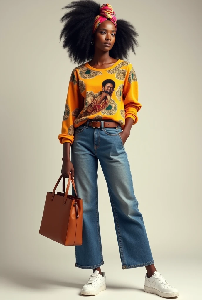 Come up with a picture of the following outfit
 1 silk head wrap
2 afro bulk locs
3 stop sweater top
4 mommy jeans 
5 brown belt 
6 white air force 
7 tote bag