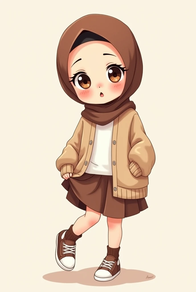 Cartoon with text: 
Cute and adorable face, big detailed eyes, Cute  cartoon girl, with brown hijab on, wearing oversized beige cardigan, white shirt, brown skirt, brown socks, sneakers, pulling up her skirt, upskirt, exposed legs, white underwear 