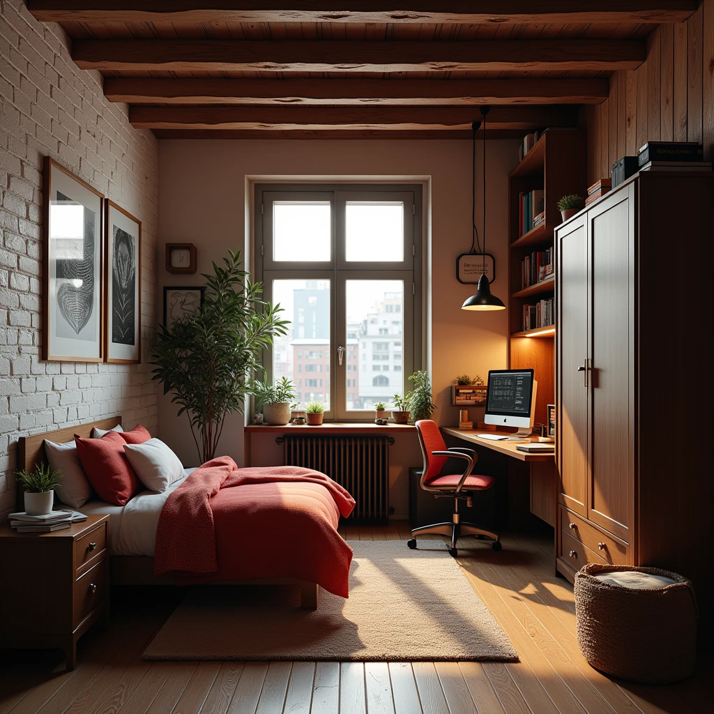 Small modern schoolboy room. Decorative wall in white 19th century brick. Decorative wall of rustic board , single bed, homework desk, two-door wardrobe, bookcase, office chair, computer, monitor, school supplies.
Style: modern, photo-realism, minimalism.
Colour scheme: dark red
Atmosphere: light with elements of dark red and brown
Lighting: artificial light from a pendant lamp