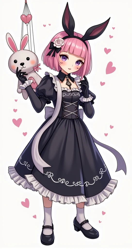 a cartoon image of a woman in a dress holding a puppet bunny, mechanized witch girl, 1girl, solo, looking at viewer, short hair, bangs, simple background, hair ornament, gloves, long sleeves, hat, white background, dress, bow, closed mouth, standing, purple eyes, full body, pink hair, flower, heart, frills, shoes, black gloves, hair flower, blunt bangs, black footwear, black dress, rose, facial mark, stuffed toy, stuffed animal, ta fashion, purple flower, gothic lolistuffed bunny, puppet, hand puppet, anime style, from girls frontline, fine details. girls frontline, girls frontline universe, girls frontline style, girls frontline, girls frontline cg, soft anime illustration, 2 0 2 2 anime style, 2022 anime style, pixiv contest winner, pretty anime character design, render of april