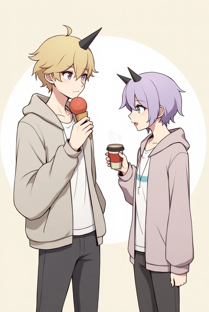 A 20 years old boy with smooth and slightly curly light blond hair, eyes grey and light red, have short horn in head, standing eating ice cream, next to him was a 20 years old girl with short hair, light purple hair color, eyes white, have short horn in head, a small scar in her left chess, holding a cup of coffee, and chatting.