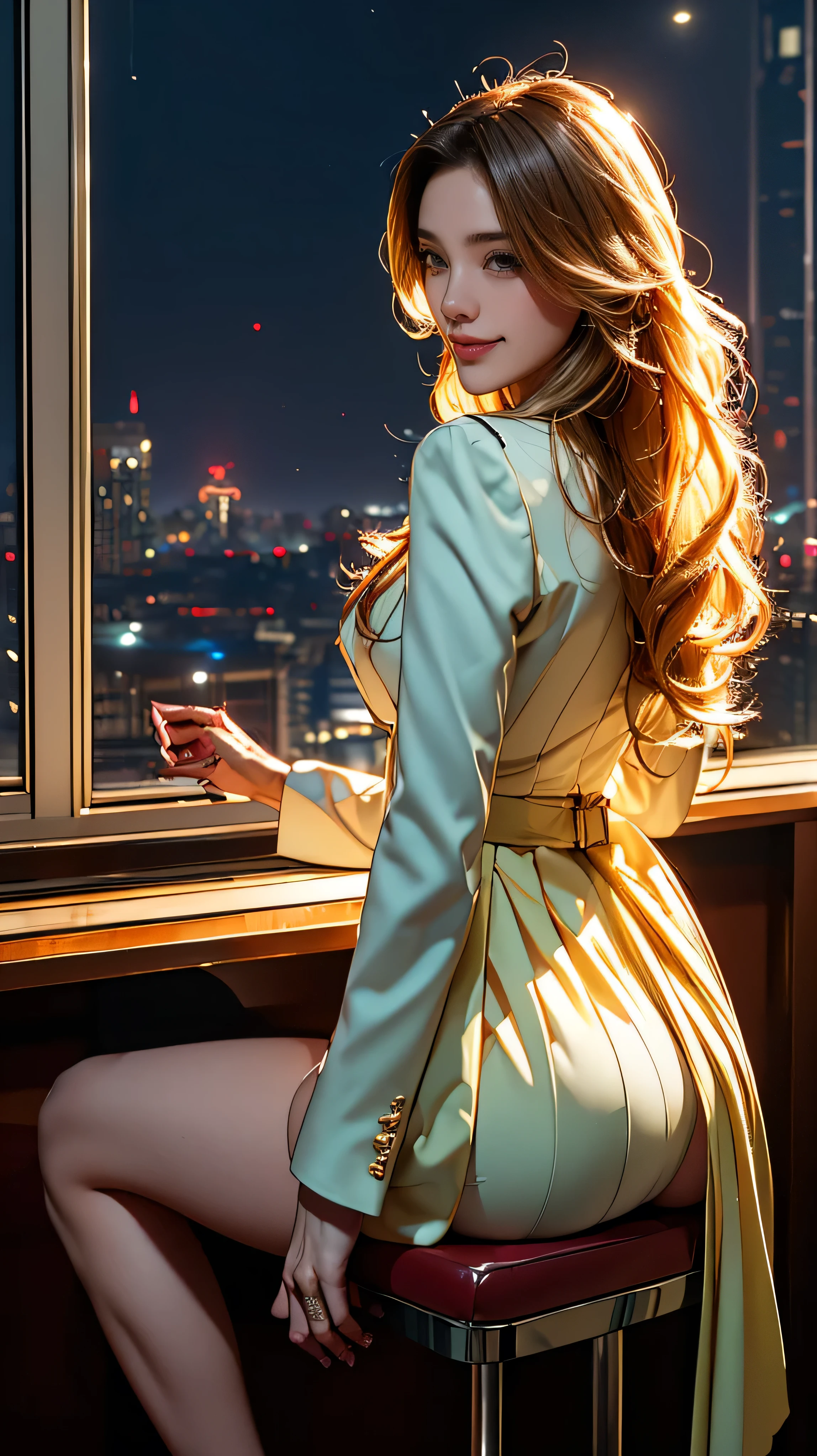 (Very detailed, Realistic, Highest quality, 4K, 8k, High resolution, masterpiece:1.3), An attractive flight attendant with a graceful and elegant figure. Erin Anderson is tall and slender, long, Long, wavy, golden blonde hair styled in loose curls. Long hair that reaches down to the buttocks.She has attractive, friendly, bright green eyes.. She wears a provocative silk uniform, White vertical ruffle silk blouse、Pair it with a blazer jacket, Short flared skirt, Black high heels, Silk scarf, Her attitude is friendly and approachable, With a radiant smile that enhances her warm presence. The background is smooth, A modern private jet parked on the runway, Emphasise your role as an elite flight attendant. This scene captures her polished and professional appearance., highlighting her elegance and the luxurious environment in which she works, (Intricate details, Very finely crafted needles, Very finely crafted fingers, Full-body showcase, Show whole body).（Long hair that reaches down to the buttocks:1.5）((とてもlong髪))(((Sits on a bar chair by the counter in a seductive pose in a stylish bar at night:1.1))),((Place your left hand gently on your chin，right hand holding chest:1.3)),((sitting on a chair, night view terrace background:1.3)),((Smile、Embarrassed smile))、((Skyscrapers look hazy outside the window:1.4)),　((looks from behind:1.5)),