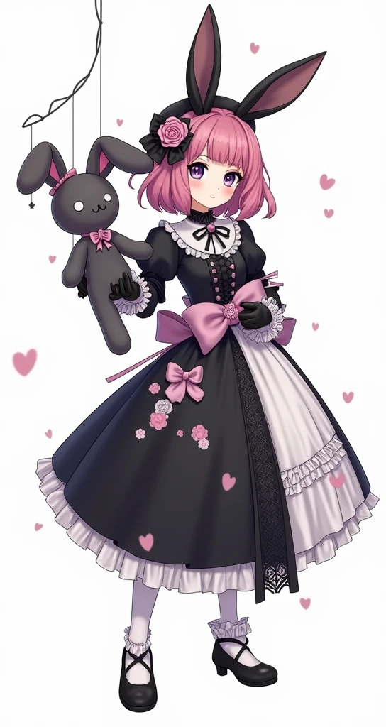 a cartoon image of a woman in a dress holding a puppet bunny, mechanized witch girl, 1girl, solo, looking at viewer, short hair, bangs, simple background, hair ornament, gloves, long sleeves, hat, white background, dress, bow, closed mouth, standing, purple eyes, full body, pink hair, flower, heart, frills, shoes, black gloves, hair flower, blunt bangs, black footwear, black dress, rose, facial mark, stuffed toy, stuffed animal, lolita fashion, purple flower, gothic lolita, stuffed bunny, puppet, hand puppet, anime style, from girls frontline, fine details. girls frontline, girls frontline universe, girls frontline style, girls frontline, girls frontline cg, soft anime illustration, 2 0 2 2 anime style, 2022 anime style, pixiv contest winner, pretty anime character design, render of april