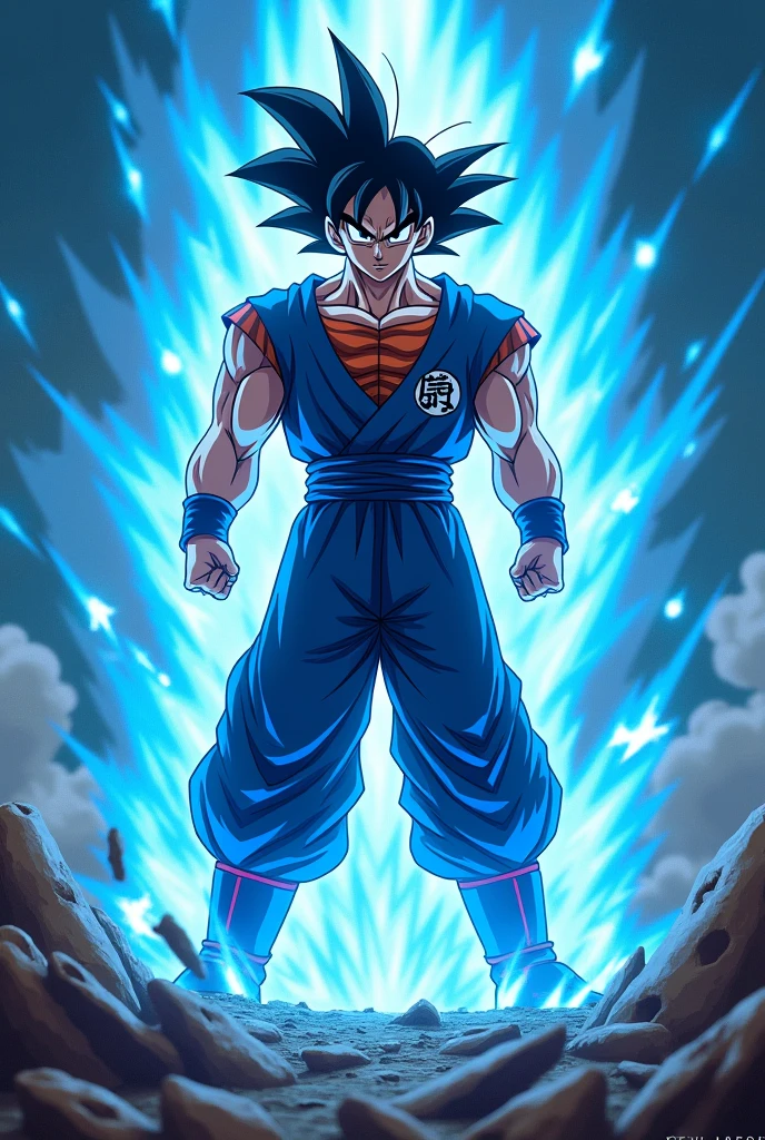 (photorealism:1.2) Full body dragon ball goku, anime character, badass image, goku transformation in blue portal, 8k ultra hd goku image, fire energy around him, Goku portrait, destruction happening due to its energy 