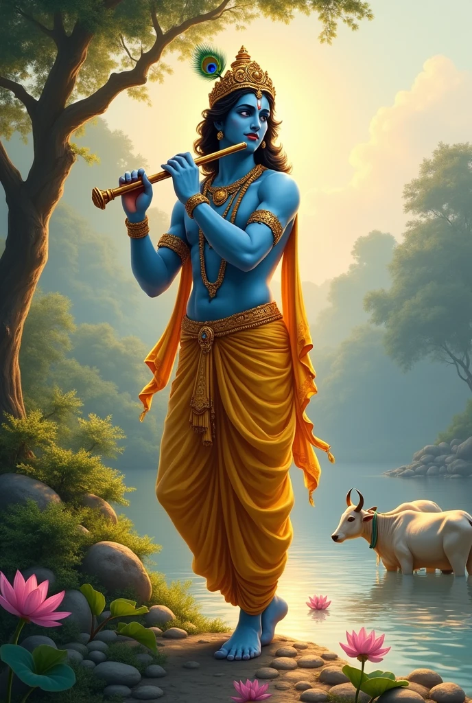Create a divine and serene image of Lord Krishna, the Hindu deity. He should be depicted as a young man with a radiant blue complexion, wearing a golden crown adorned with peacock feathers. His attire is traditional, with a yellow dhoti and a silk shawl draped over his shoulder. Krishna is standing near the banks of the Yamuna River, playing a flute, with a peaceful expression on his face. The background features lush greenery, with the river flowing gently and a few lotus flowers blooming. The sky is painted in soft hues of dawn, and a gentle light surrounds Krishna, emphasizing his divine presence. Nearby, a few cows are grazing, and the atmosphere is filled with a sense of tranquility and devotion."