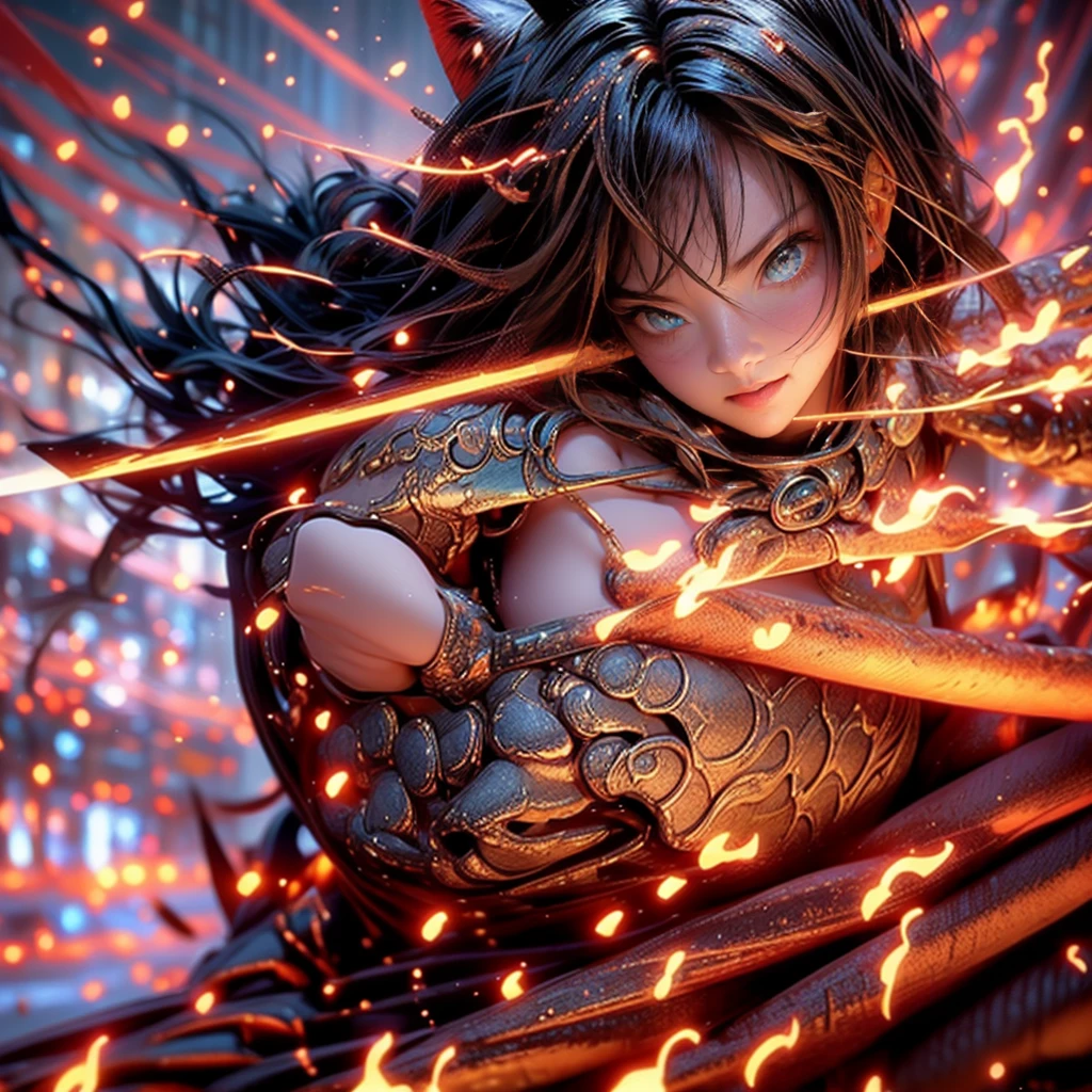 Cat ear、銀hair、3DCG、3D Rendering、Attractive body、Energetic、Large Breasts、Seductive smile、Moving lines、Moisturized Skin、(Blue Eye)、Attractive breasts、European Style、Fantasy Illustration、masterpiece: 1.2、Highest quality、High resolution、16K、Beautiful details、ultra-realistic、Photorealistic: 1.37、(Wield a powerful sword)、((A girl surrounded by swirling flames))、A powerful figure that embodies the fierce and determined warrior spirit、Delicate and beautiful（hair、face、eye、pupil、sword）、Full body wide view、Dynamic pose。