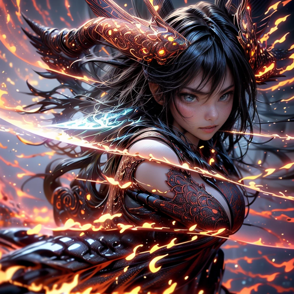 Cat ear、銀hair、3DCG、3D Rendering、Attractive body、Energetic、Large Breasts、Seductive smile、Moving lines、Moisturized Skin、(Blue Eye)、Attractive breasts、European Style、Fantasy Illustration、masterpiece: 1.2、Highest quality、High resolution、16K、Beautiful details、ultra-realistic、Photorealistic: 1.37、(Wield a powerful sword)、((A girl surrounded by swirling flames))、A powerful figure that embodies the fierce and determined warrior spirit、Delicate and beautiful(hair、face、eye、pupil、sword)、Full body wide view、Dynamic pose。