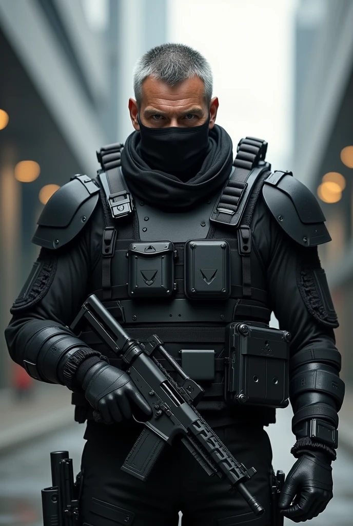 A 40 year old man with gray hair in modern black armor with two glock pistols in his hands and a mask covering his nose and mouth