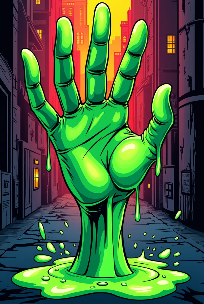 A cartoon street style band logo that portrays a musician hand drenched in green goo