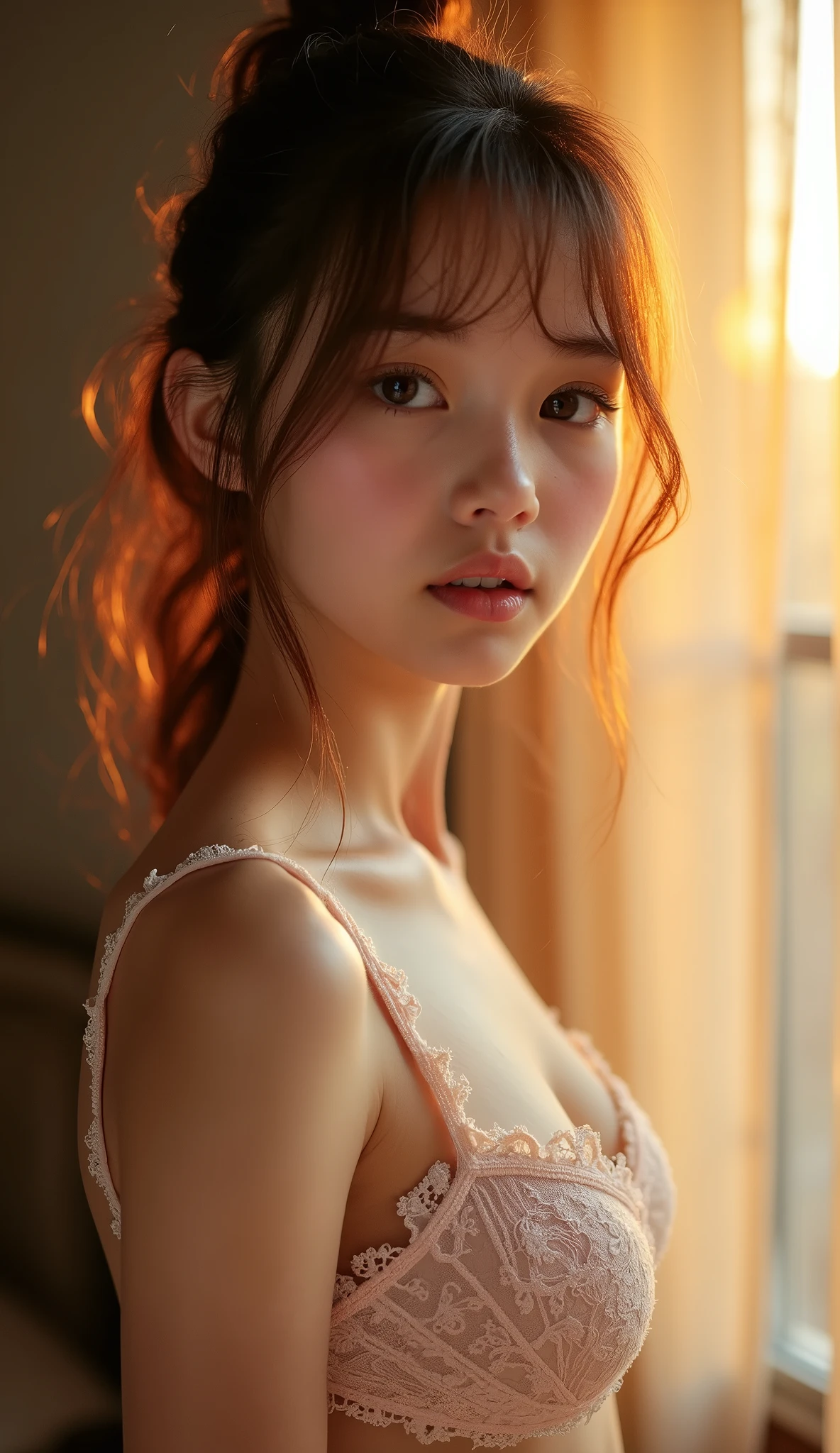 raw photo, 1young girl, kawaii, brown eyes, unique, individual, distinctive face, extremely detailed eye and face, fair skin, lace cute bra, beautiful breasts, upper body, (Best Quality, highly detailed:1.2) High-definition raw color photos, professional photograpy, Realistic portrait, sunset shining through the window, breathtaking beauty, from the side