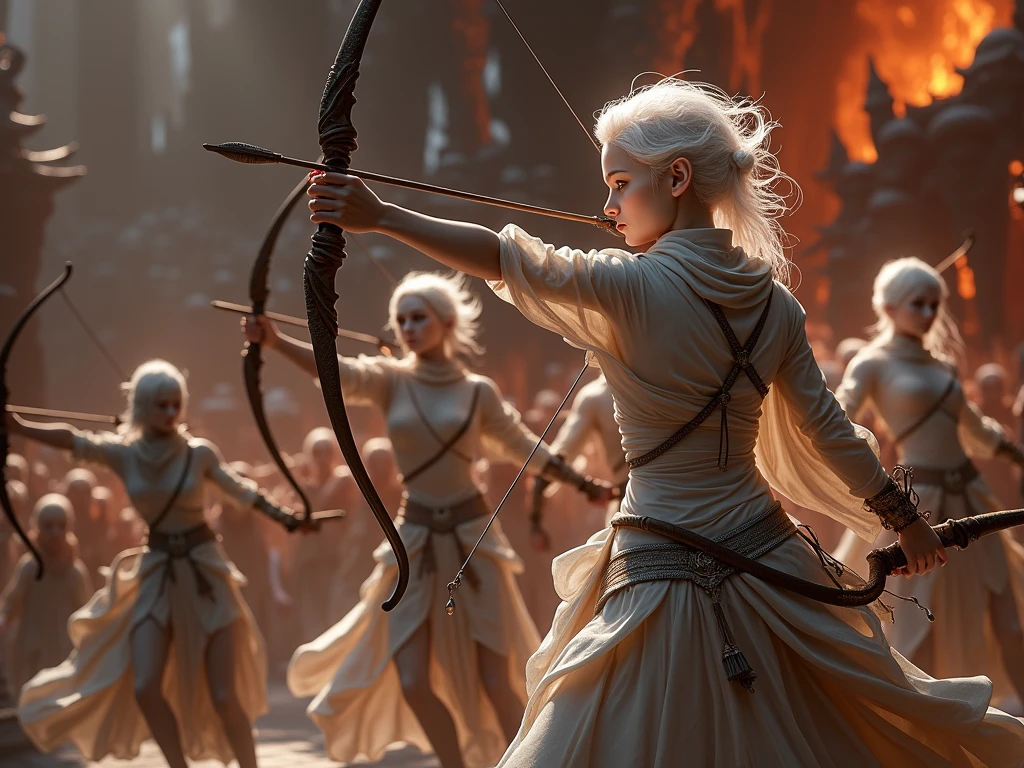 a wingless white fairy woman and her wingless army are fighting in a magical city full of monsters using bows and arrows. professional. 3D. ,ultra realistic, Very detailed, digital art. Game art