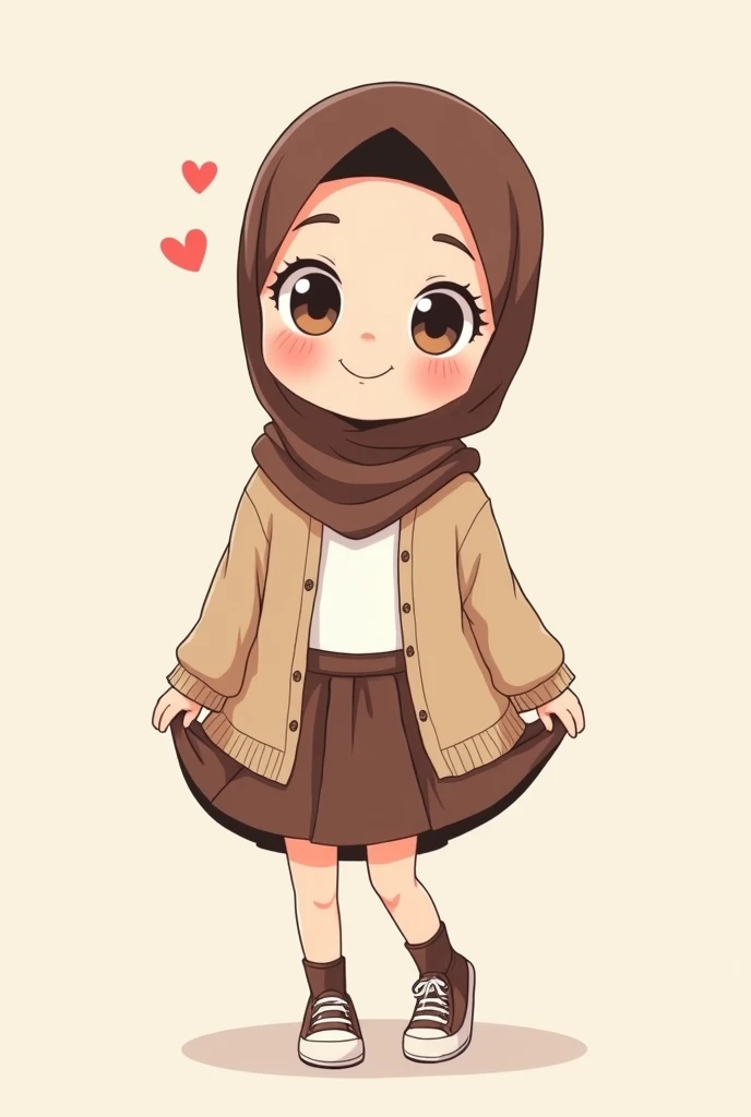 Cartoon with text: 
Cute and adorable face, big detailed eyes, Cute little cartoon girl, with brown hijab on, wearing oversized beige cardigan, white shirt, brown skirt, brown socks, sneakers, pulling up her skirt, upskirt, exposed legs, white underwear 