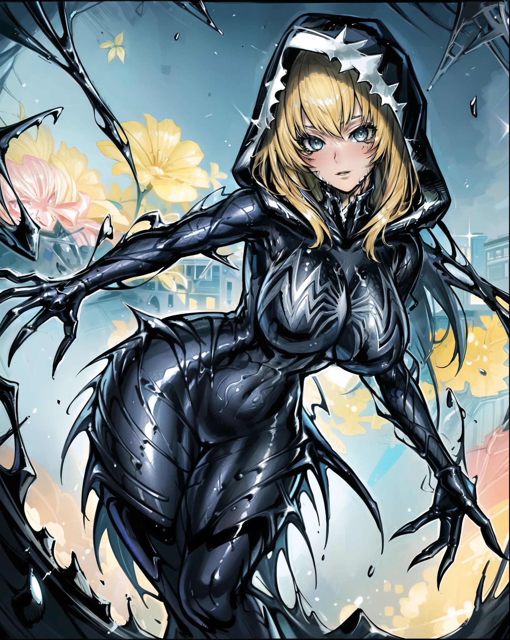 ((best quality)), (highly detailed:1.2), masterpiece, ((official art)),1girl, solo,beautiful face,
symbiote,mary jane,SVGM,hood,  