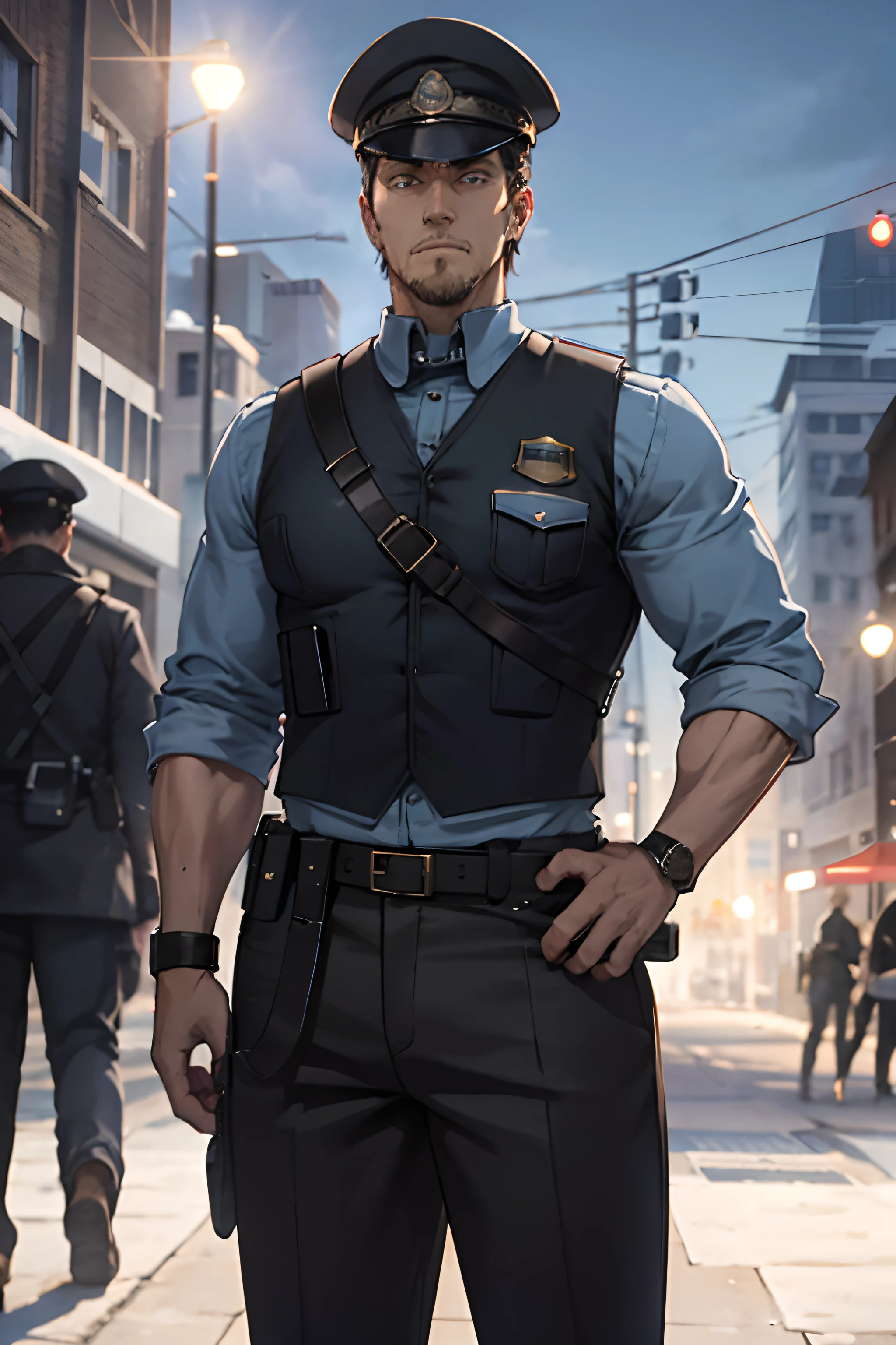 Tall strong man, muscular male, Short black hair, Police hat, Police uniform, Kevlar Waist, Long sleeve, Blue hat, Blue shirt uniform, dark blue / Black trousers, male, strong, Powerful, Standing in the city, Gold watch on wrist, Light stubble, Detailed eyes