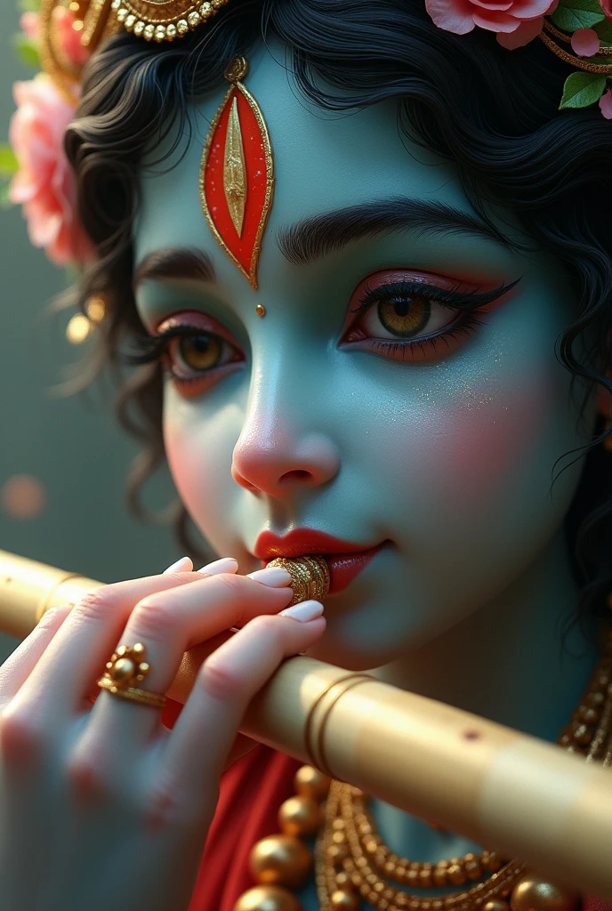  Shri krishna with divine face playing     
  bamboo flute  face closeview,fantasyreal.