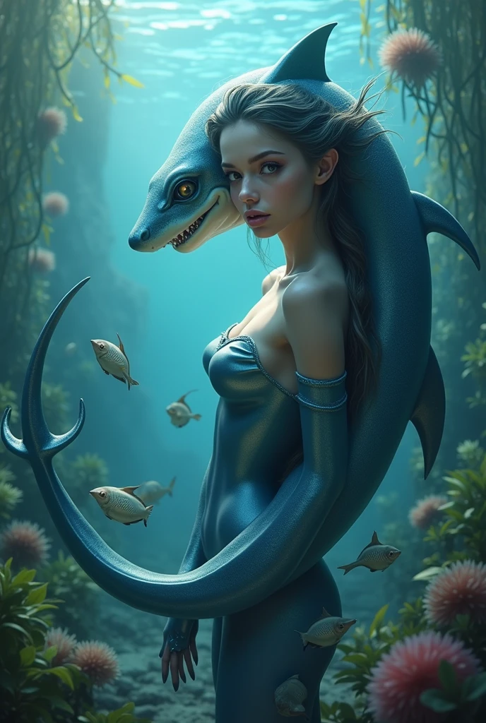 A mesmerizing, hyper-realistic masterpiece by Esao Andrews featuring a unique girl morphine shark creature like no other. The sharkgirl, with her slender, bioluminescent body, is a stunning sight to behold, adorned with multi-colored neon dots that glow brilliantly. Her translucent skin reveals her complex internal structure, while her small, round appendages function as arms, tenderly embracing her otherworldly fish-like face. Esao Andrews' exceptional artistic skills transport the viewer into a world of wonder and mystique, where this enigmatic creature captivates the imagination.