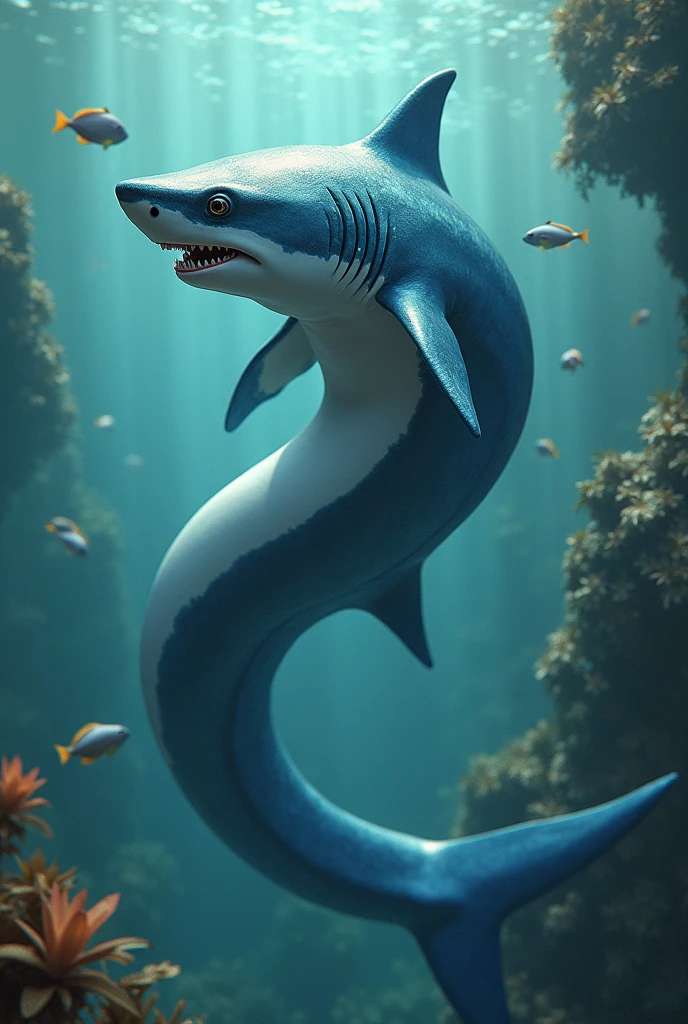 A girl have shark body and her face is beautiful like