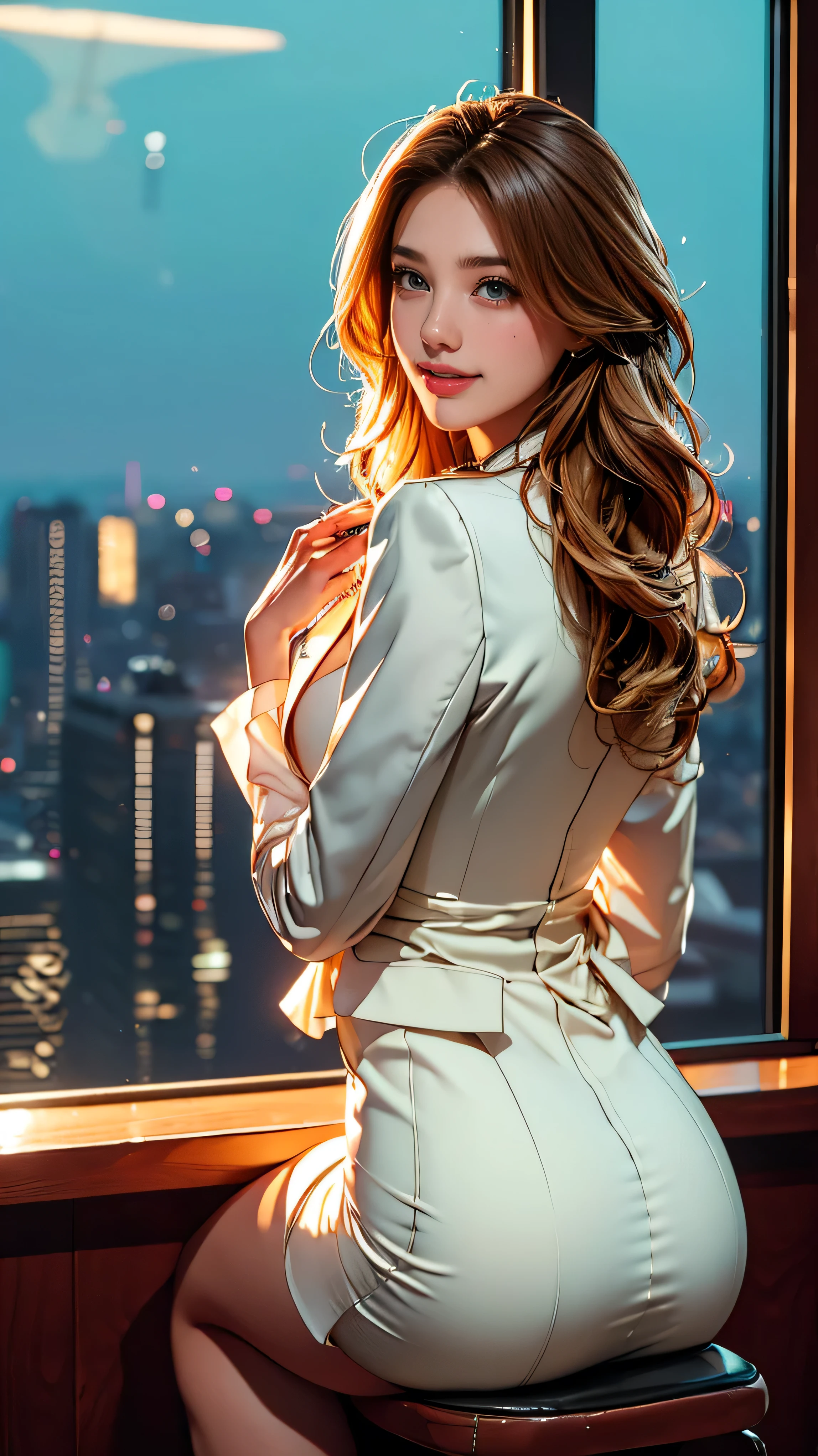(Very detailed, Realistic, Highest quality, 4K, 8k, High resolution, masterpiece:1.3), An attractive flight attendant with a graceful and elegant figure. Erin Anderson is tall and slender, long, Long, wavy, golden blonde hair styled in loose curls. Long hair that reaches down to the buttocks.She has attractive, friendly, bright green eyes.. She wears a provocative silk uniform, White vertical ruffle silk blouse、Pair it with a blazer jacket, Short flared skirt, Black high heels, Silk scarf, Her attitude is friendly and approachable, With a radiant smile that enhances her warm presence. The background is smooth, A modern private jet parked on the runway, Emphasise your role as an elite flight attendant. This scene captures her polished and professional appearance., highlighting her elegance and the luxurious environment in which she works, (Intricate details, Very finely crafted needles, Very finely crafted fingers, Full-body showcase, Show whole body).（Long hair that reaches down to the buttocks:1.5）((とてもlong髪))(((Sits on a bar chair by the counter in a seductive pose in a stylish bar at night:1.1))),((Place your left hand gently on your chin，right hand holding chest:1.3)),((sitting on a chair, night view terrace background:1.3)),((Smile、Embarrassed smile))、((Skyscrapers look hazy outside the window:1.4)),　((looks from behind　left:1.5)),